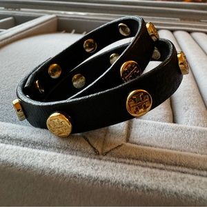 Tory Burch Leather Logo Studded Double Wrap Bracelet
